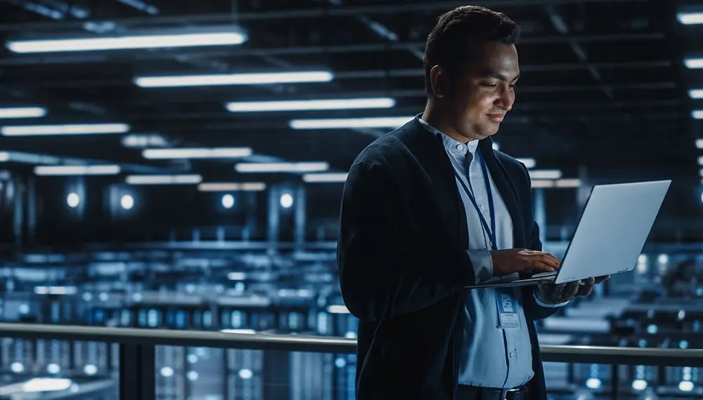 IT specialist on a laptop in a data center