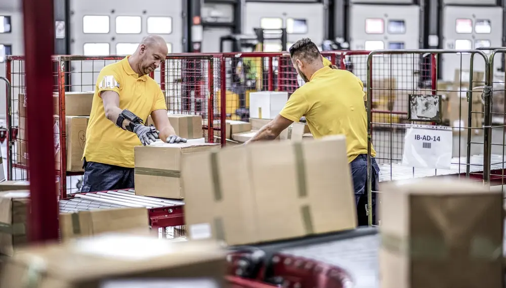 Warehouse workers sorting packages at a conveyor belt