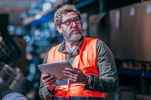 Warehouse employee holding a tablet while using Infor Supply Planning inside a warehouse.