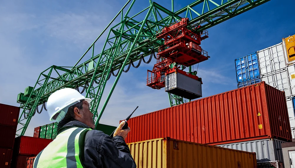 Freight forwarding manager organizing transportation management at container terminal.