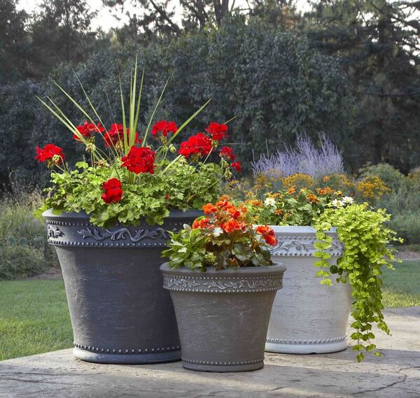 flowers in large pots on patio