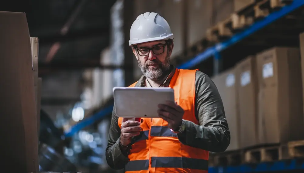 Warehouse supervisor using AI on a tablet 