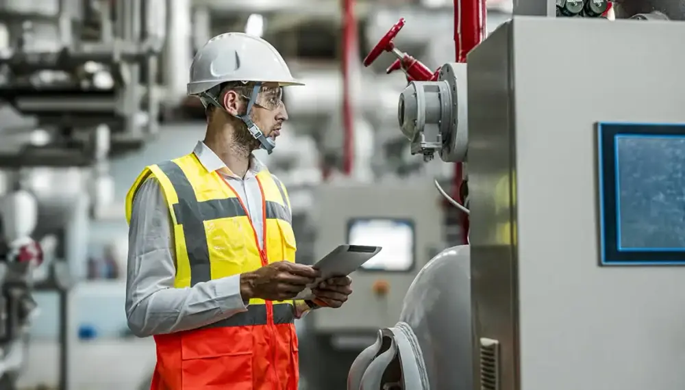  Maintenance technician using integrated MES-ERP on a tablet 