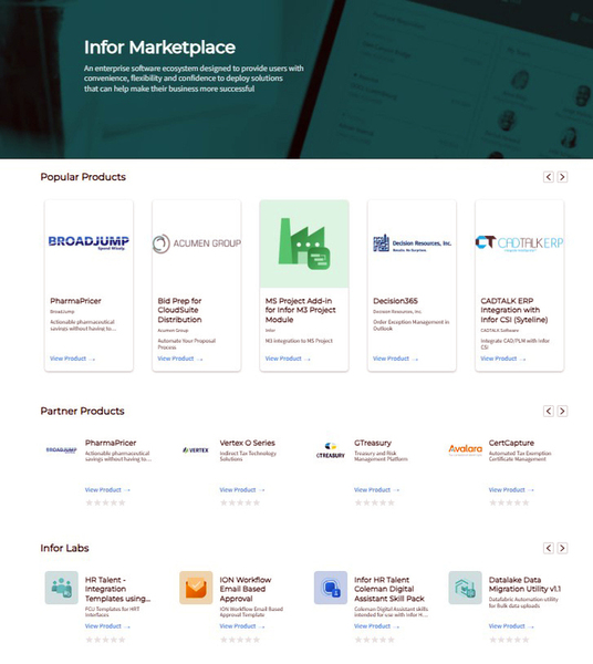 Infor Marketplace homepage apps view