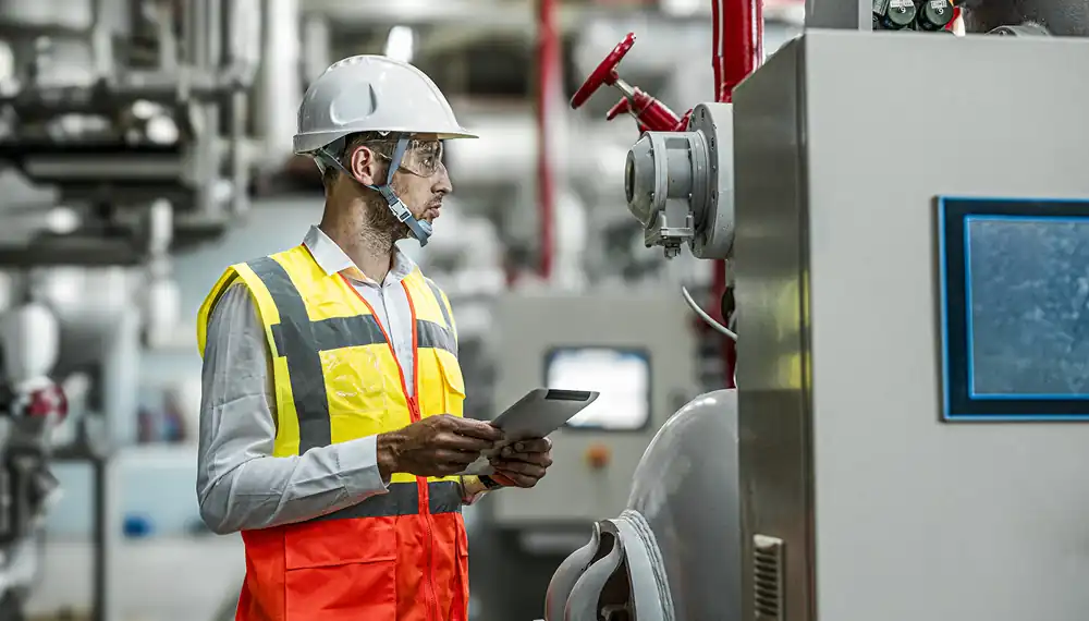 Technician using a tablet in a food manufacturing plant 