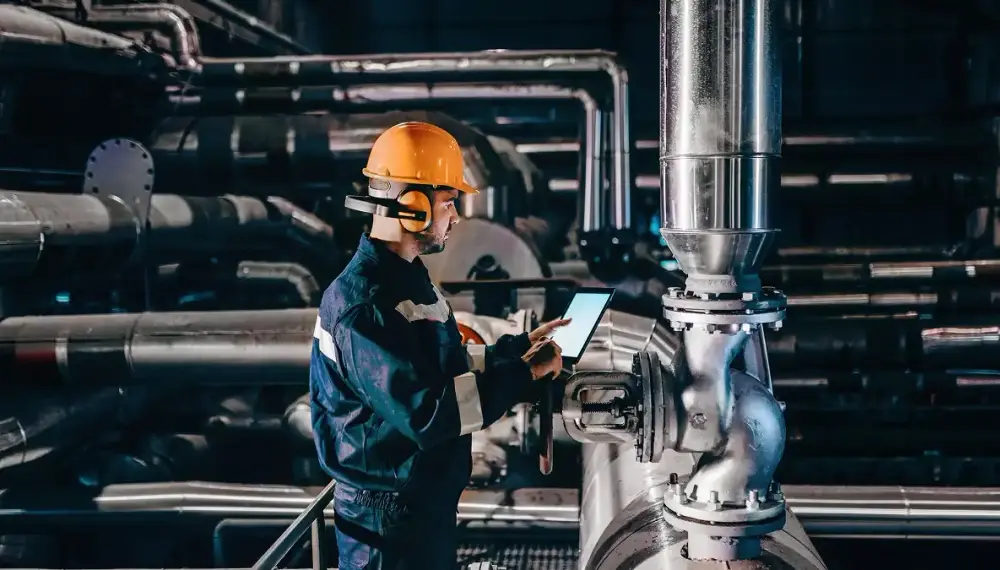 Industrial manufacturer using AI on a tablet 
