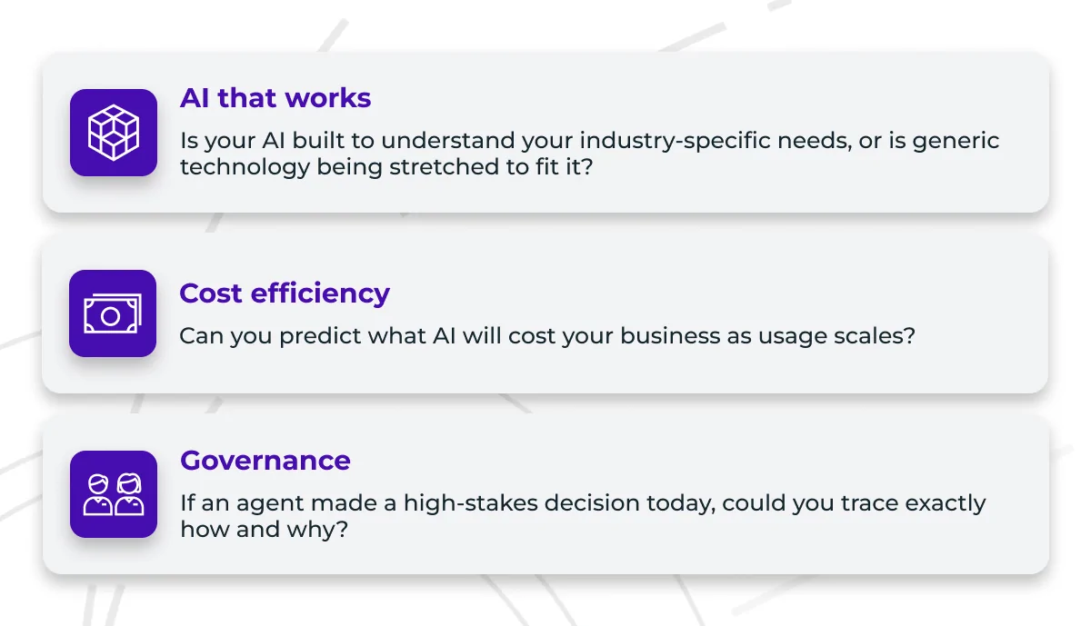 For leaders looking to close the post-adoption gap, three questions stand out: AI that works, cost efficiency, governance.