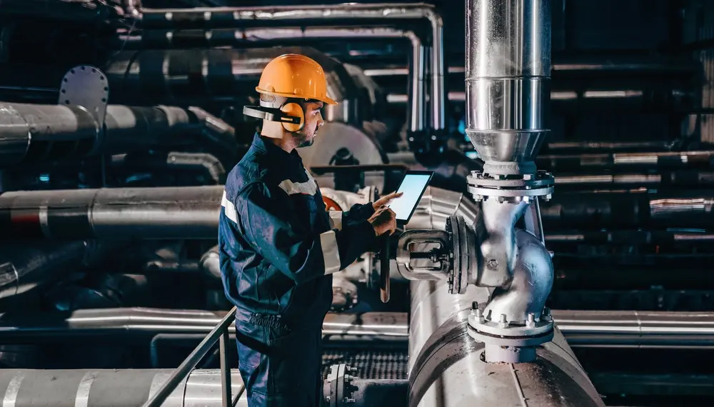 Man wearing a yellow hard hat, noise cancelling headphones, and blue coveralls looking at a tablet