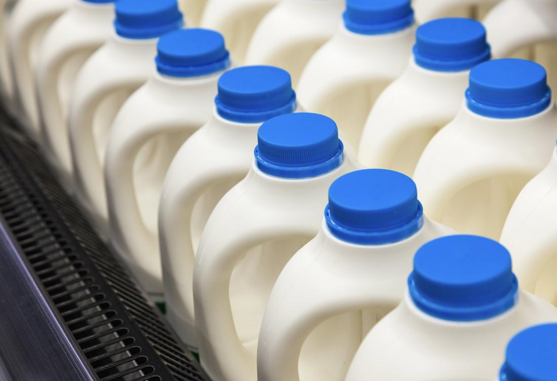 Milk bottles on a conveyor belt