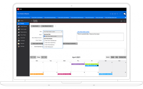 Captura de tela do software de gestão de eventos SCS da Infor baseado na nuvem com toda a segurança com os Amazon Web Services® (AWS).