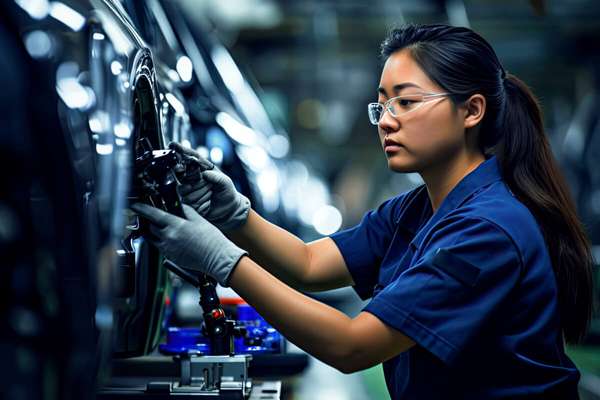 A female manufacturing worker at an automotive assembly line