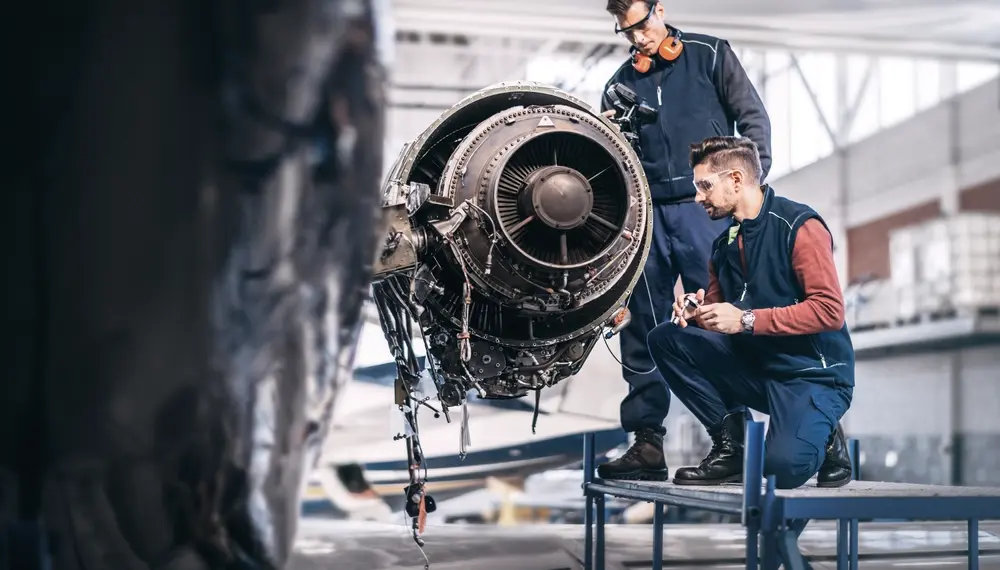 Engineers working on a partially disassembled jet engine