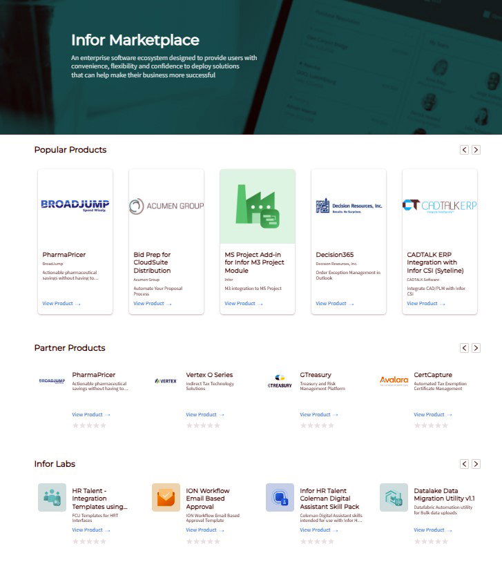 Infor Marketplace homepage apps view