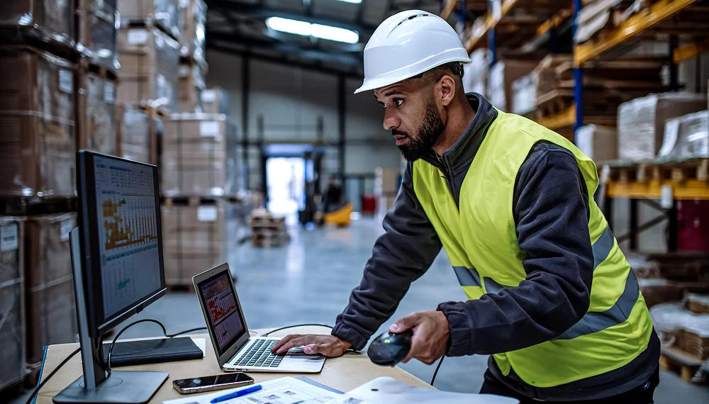 Man checking cargo containers in a dockyard