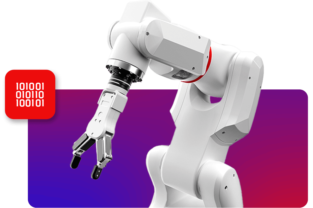 Robotic arm, sitting against blue to red gradient boxed backdrop with small data icon features on top left of gradient box