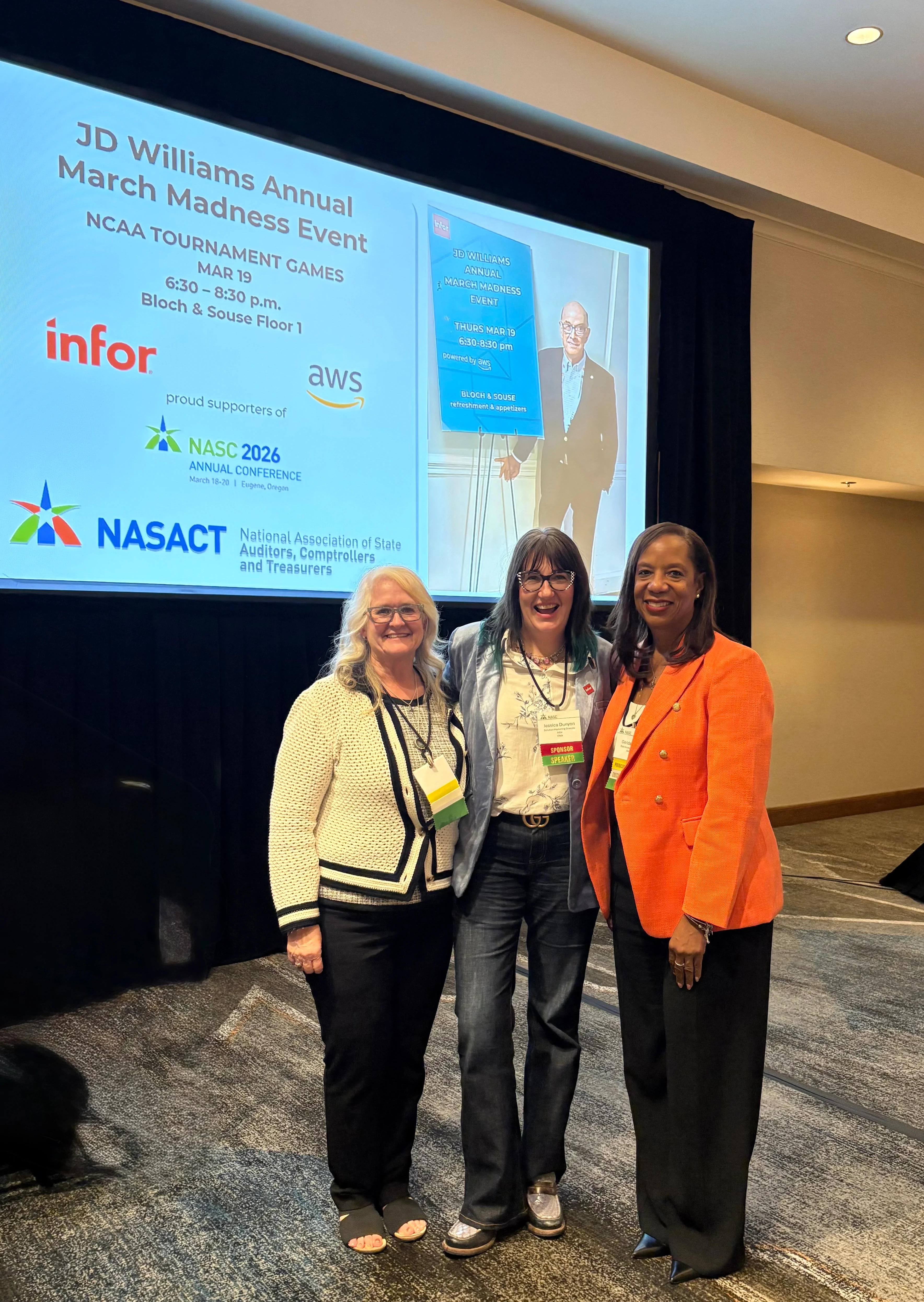 Dr. Kathleen Baxter, State Comptroller for the State of Alabama (left), and Gerlda Hines, State Accounting Officer for the State of Georgia (right), with Jessica Dunyon from Infor (center) at the 2026 NASC Annual Conference in Eugene, OR.