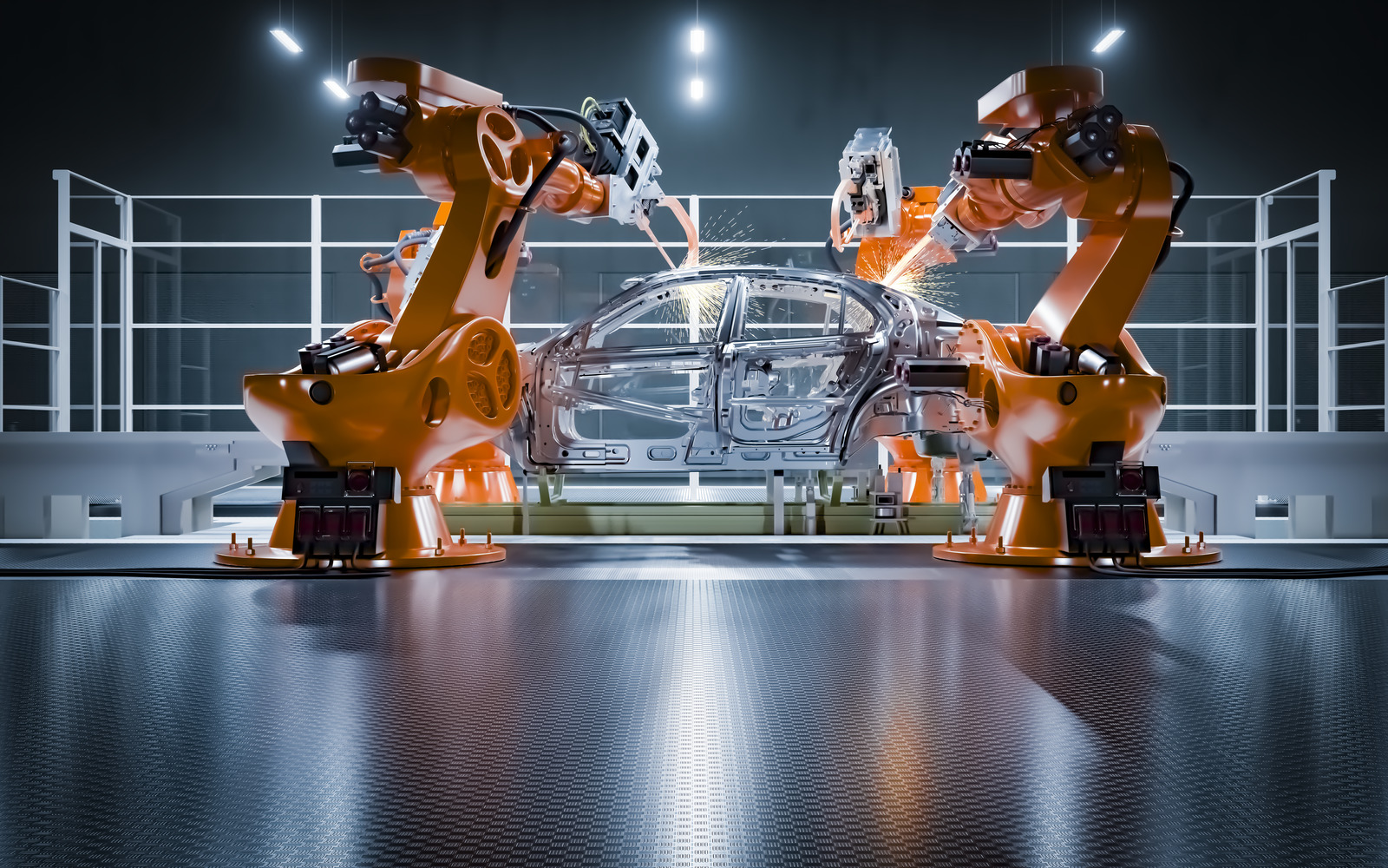 Assembly line of robots welding car body 