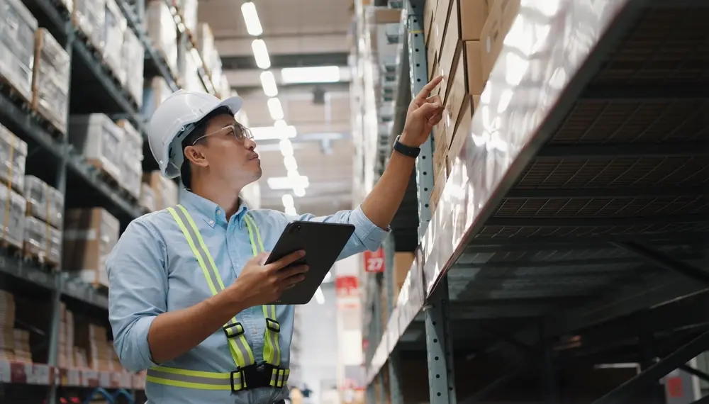Manager using a tablet in a warehouse